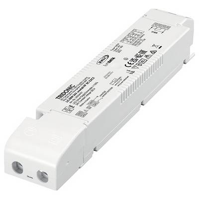 Een lange, rechthoekige witte elektronische component met verschillende symbolen en tekst gedrukt erop. Het lijkt een Tridonic-merk onderdeel te zijn.