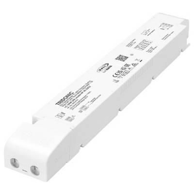 Een elektronisch apparaat gelabeld als 'Tridonic', gebruikt voor verlichting, met vermogensspecificaties, QR-code en diverse certificeringsmerken zichtbaar.