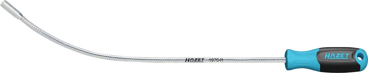 Een flexibele schacht schroevendraaier met een blauw en zwart handvat, gelabeld 'HAZET 810/12', gebruikt voor het bereiken van moeilijk toegankelijke schroeven.