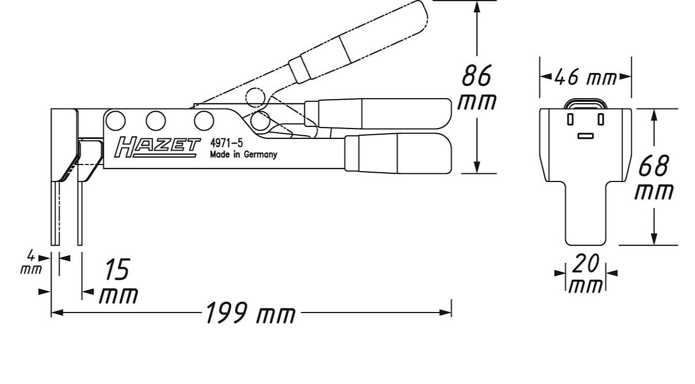 'Am I blind centerpons' diagram met afmetingen: lengte 199 mm, hoogte 86 mm, kaakdiepte 15 mm; inclusief zijaanzicht met sleutelvorma en -afmeting.