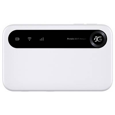 Een witte draagbare 5G Wi-Fi hotspot met signaal- en batterijpictogrammen weergegeven op een zwarte balk. De tekst 'Draagbare Wi-Fi Hotspot' is zichtbaar.