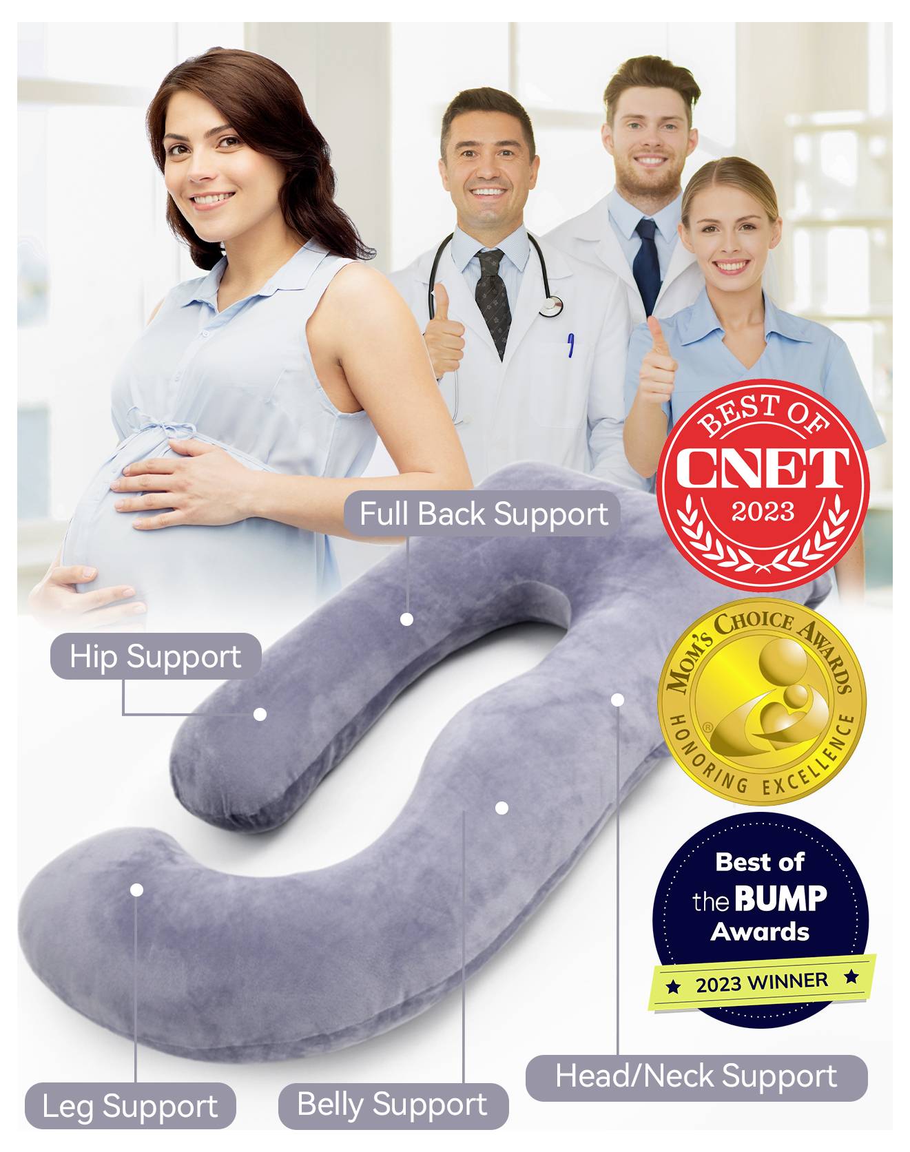 Een vrouw die haar buik vasthoudt, met drie lachende volwassenen, staat boven een afbeelding van een ondersteunend lichaamskussen. Tekst: 'Heup, Been, Buik, Volledige Rug, Hoofd/Nek Ondersteuning.' Onderscheidingsspeldjes benadrukken de productherkenning.