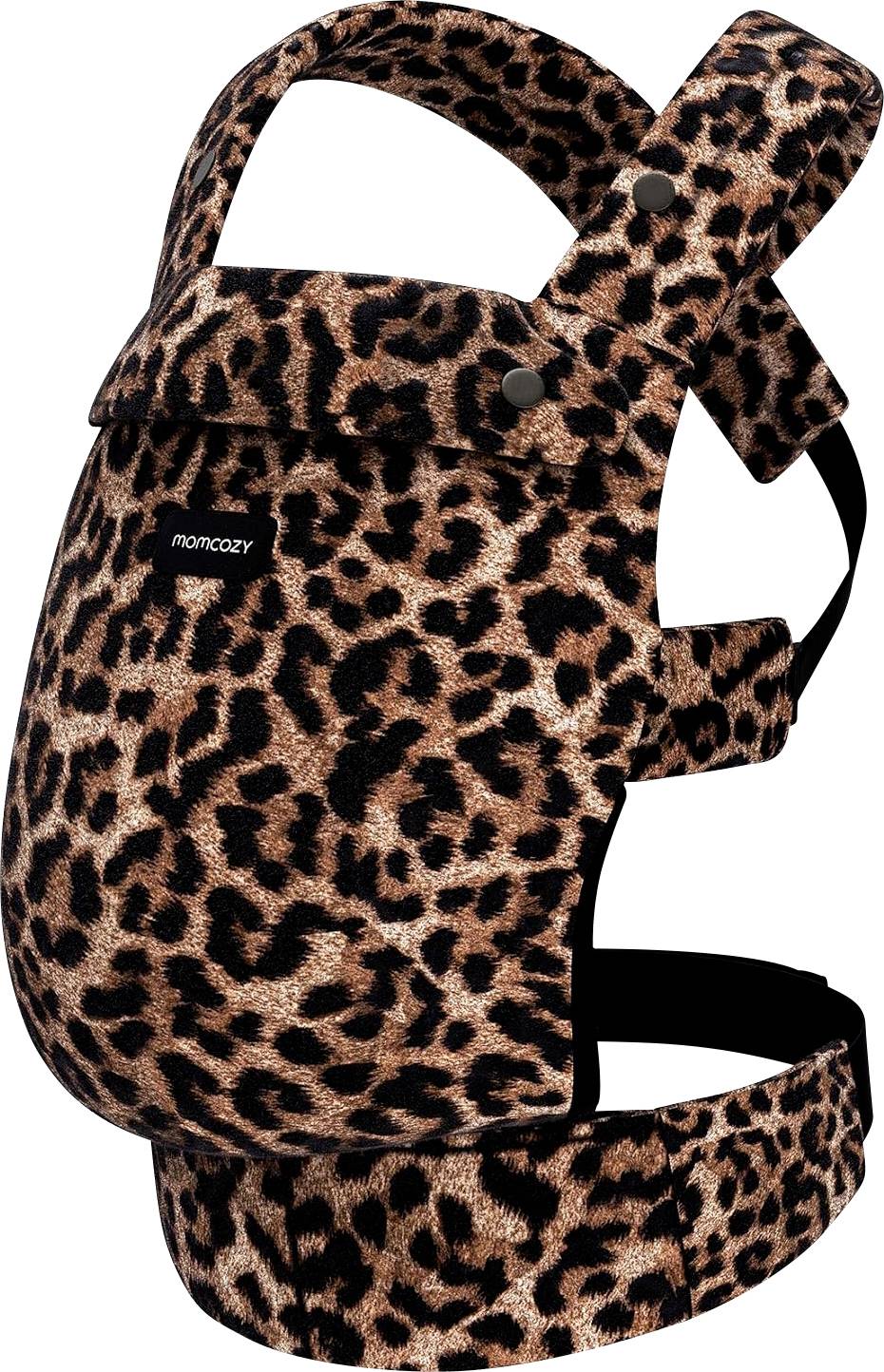 Luipaard print draagzak met verstelbare riemen, voorzien van een voorpaneel voor babyondersteuning en zwarte gesp voor een veilige bevestiging.