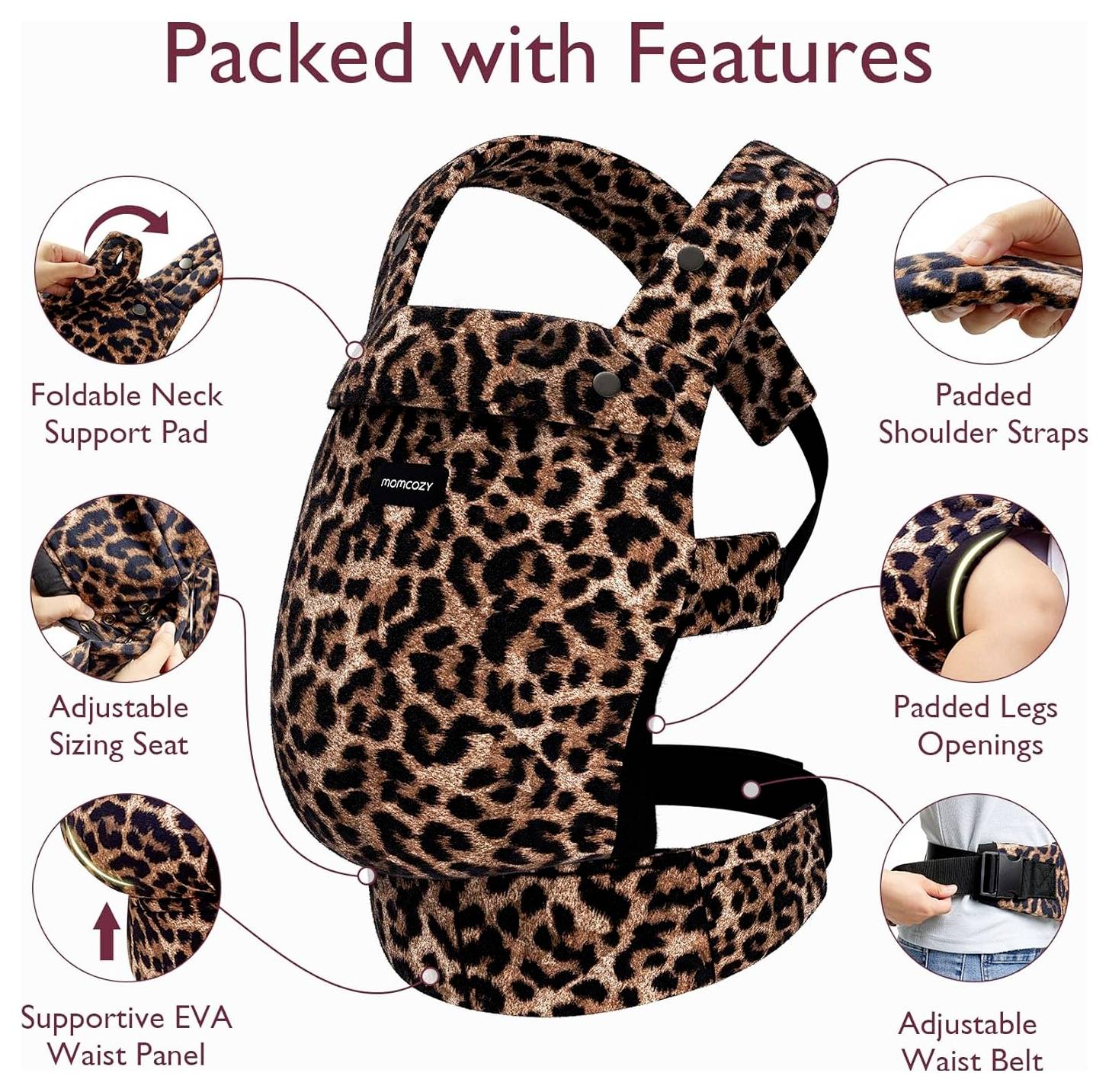 Luipaard print babydrager met de volgende kenmerken: opvouwbare neksteun, verstelbare zitpositie, gewatteerde schouderbanden, beenopeningen, ondersteunend EVA-heuppaneel, verstelbare heupband.