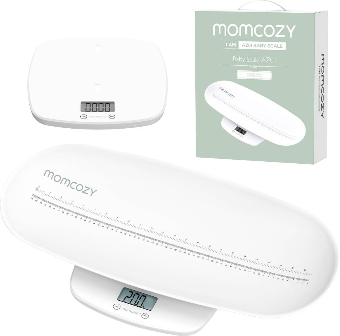 Babyweegschaal met digitaal display dat '200,1' aangeeft. Merk 'Momcozy' zichtbaar op de weegschaal en de verpakking. Ontworpen voor baby's.
