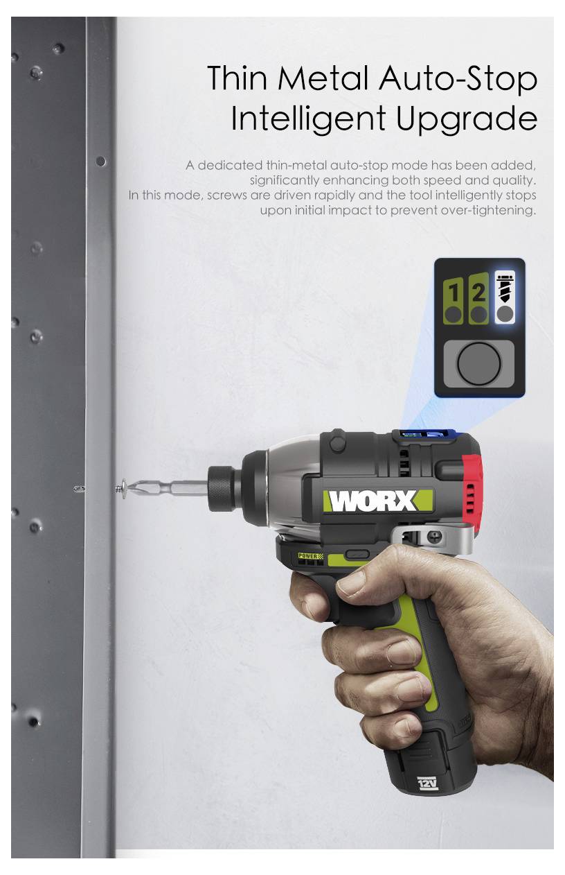 Een persoon die een Worx elektrowerktuig gebruikt om in metaal te boren. Het gereedschap heeft een 'Auto-Stop Intelligent Upgrade' voor versnelling en kwaliteitsverbetering.