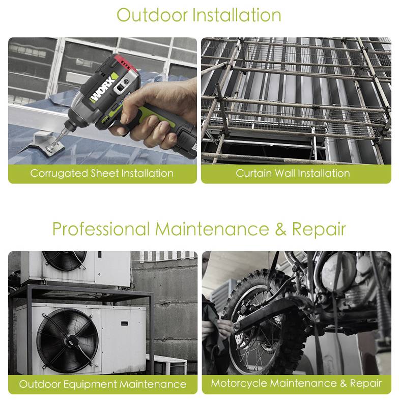 Hand die een boor vasthoudt naast een golvend vel, en steigering naast een gebouw; eronder, buitenuitrusting en motorfietsonderhoud.