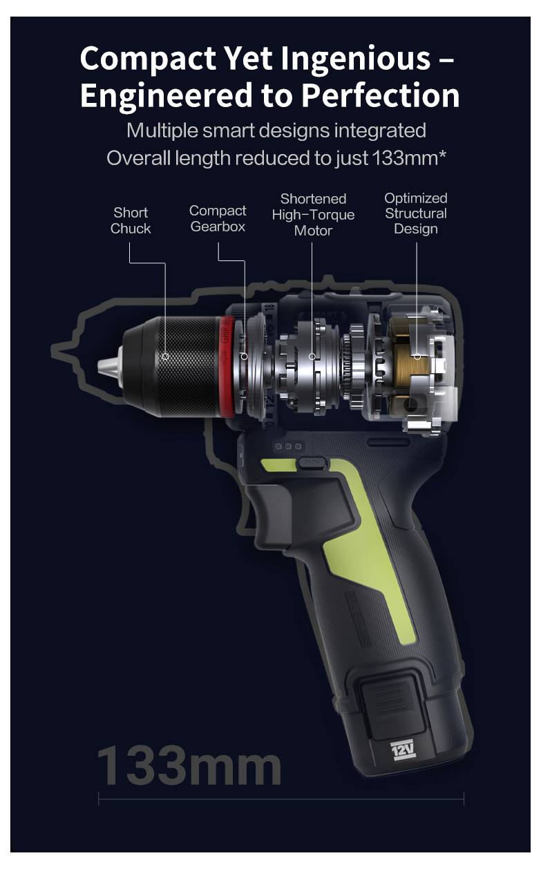 'Compact maar Geniaal - Vakkundig Ontworpen tot Perfectie' afbeelding van een compacte boormachine, met nadruk op de korte spankop en versnellingskast, met een totale lengte van 133mm.