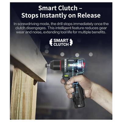 Een hand gebruikt een elektrische boor met een 'Smart Clutch'-functie, die direct stopt wanneer deze wordt losgelaten, waardoor slijtage van tandwielen en lawaai worden verminderd.
