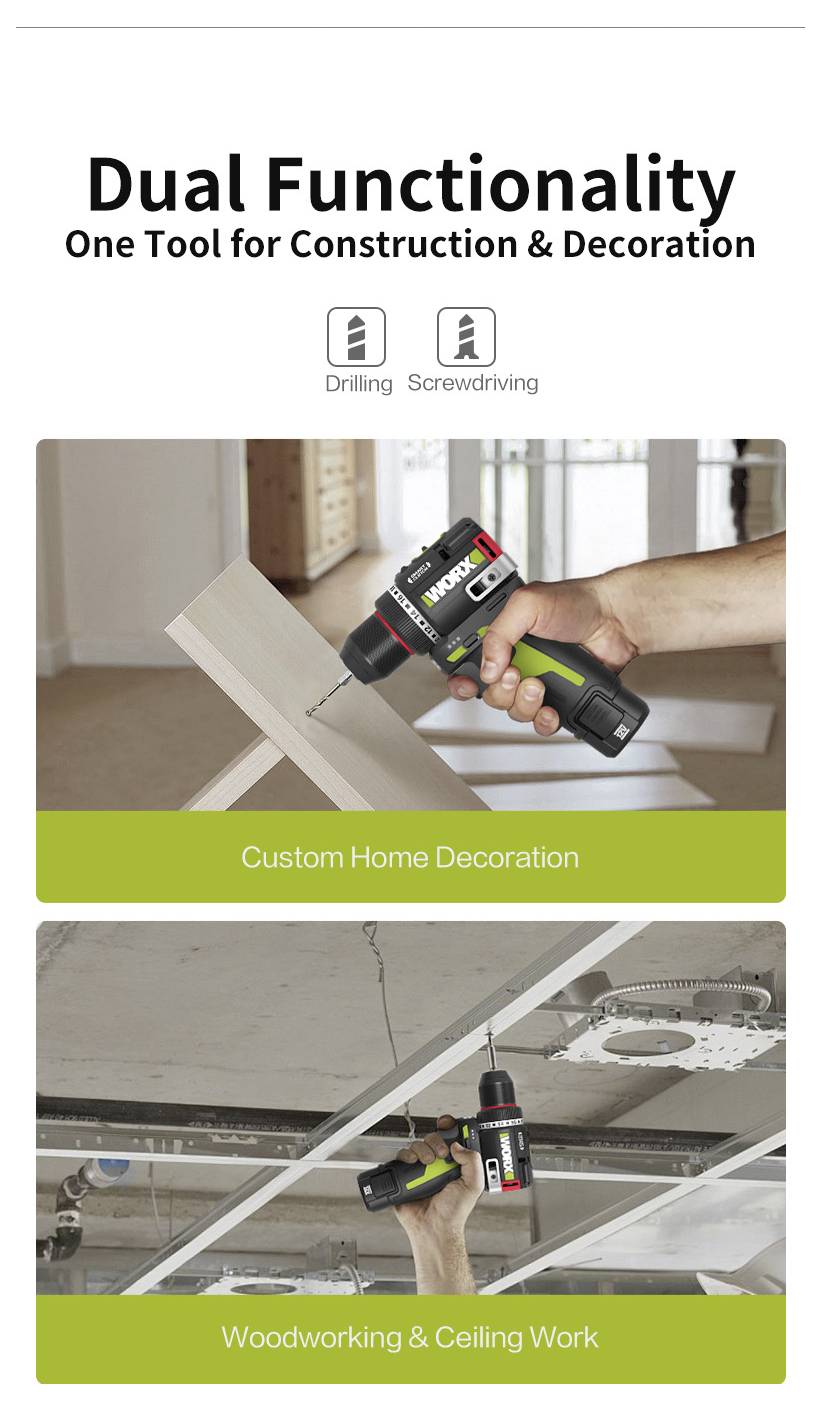 Advertentie met een elektische boor die zijn dubbele functionaliteit voor constructie en decoratie toont met afbeeldingen van aangepast huiswerk en plafondwerk.