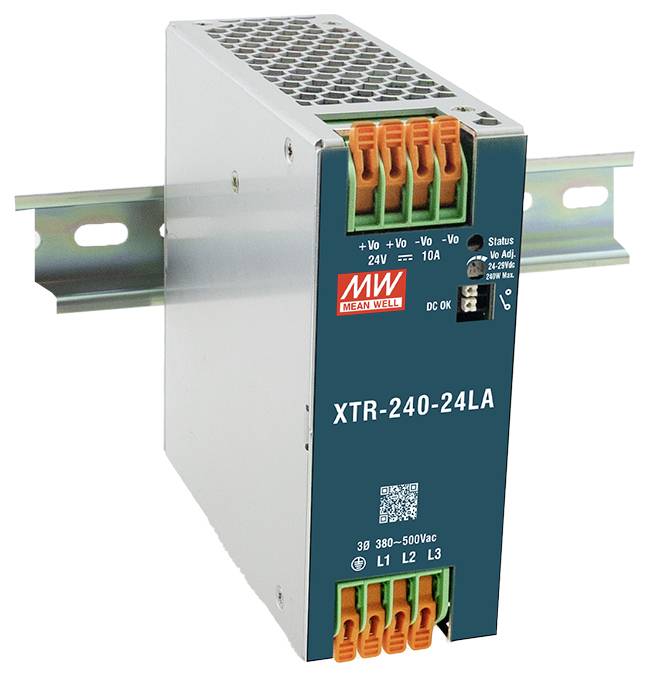 Een voedingsmodule gelabeld 'MW XTR-240-24LA' met statuslampjes, oranje en groene aansluitklemmen, gemonteerd op een metalen rail.