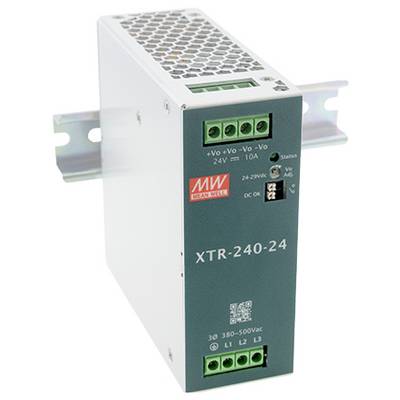 Een voedingsmodule gemonteerd op een DIN-rail, gelabeld 'MEAN WELL XTR-240-24'. Het heeft input- en outputklemmen en indicatorlampjes.