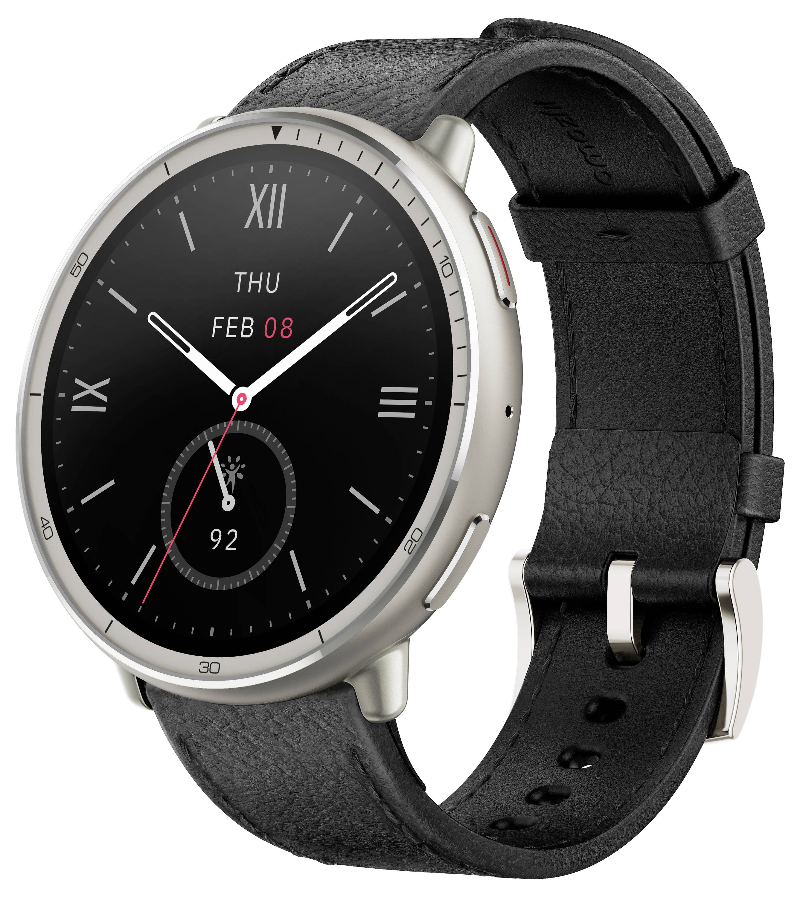 Een strakke zilveren smartwatch met een zwarte leren band. Display toont tijd, datum 'DO FEB 08', en een rode secondewijzer. Modern design.