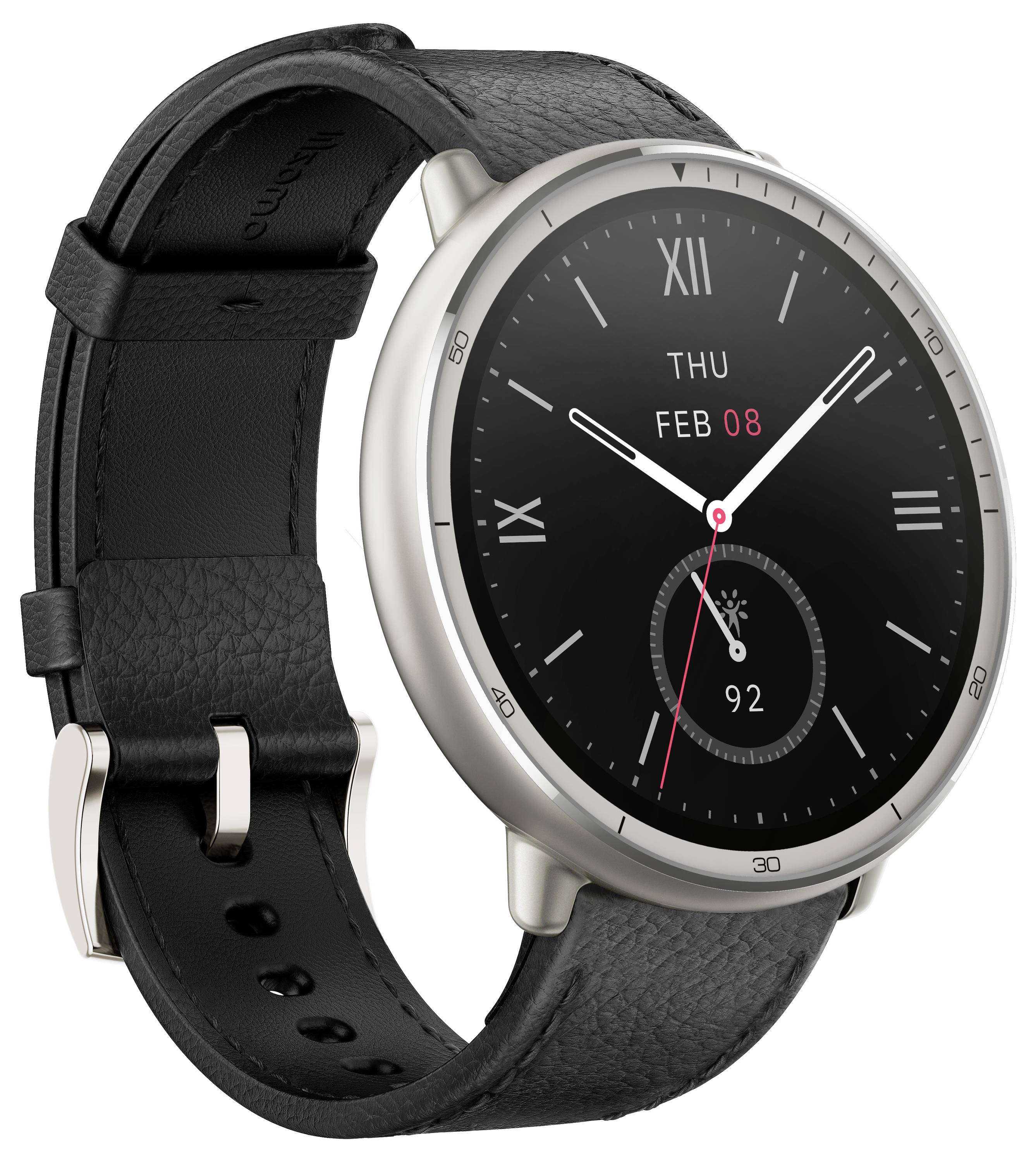 Een ronde smartwatch met een zwarte leren band toont 'Do 08 Feb' en '92' op zijn scherm, waarbij de uren worden gemarkeerd met Arabische cijfers.
