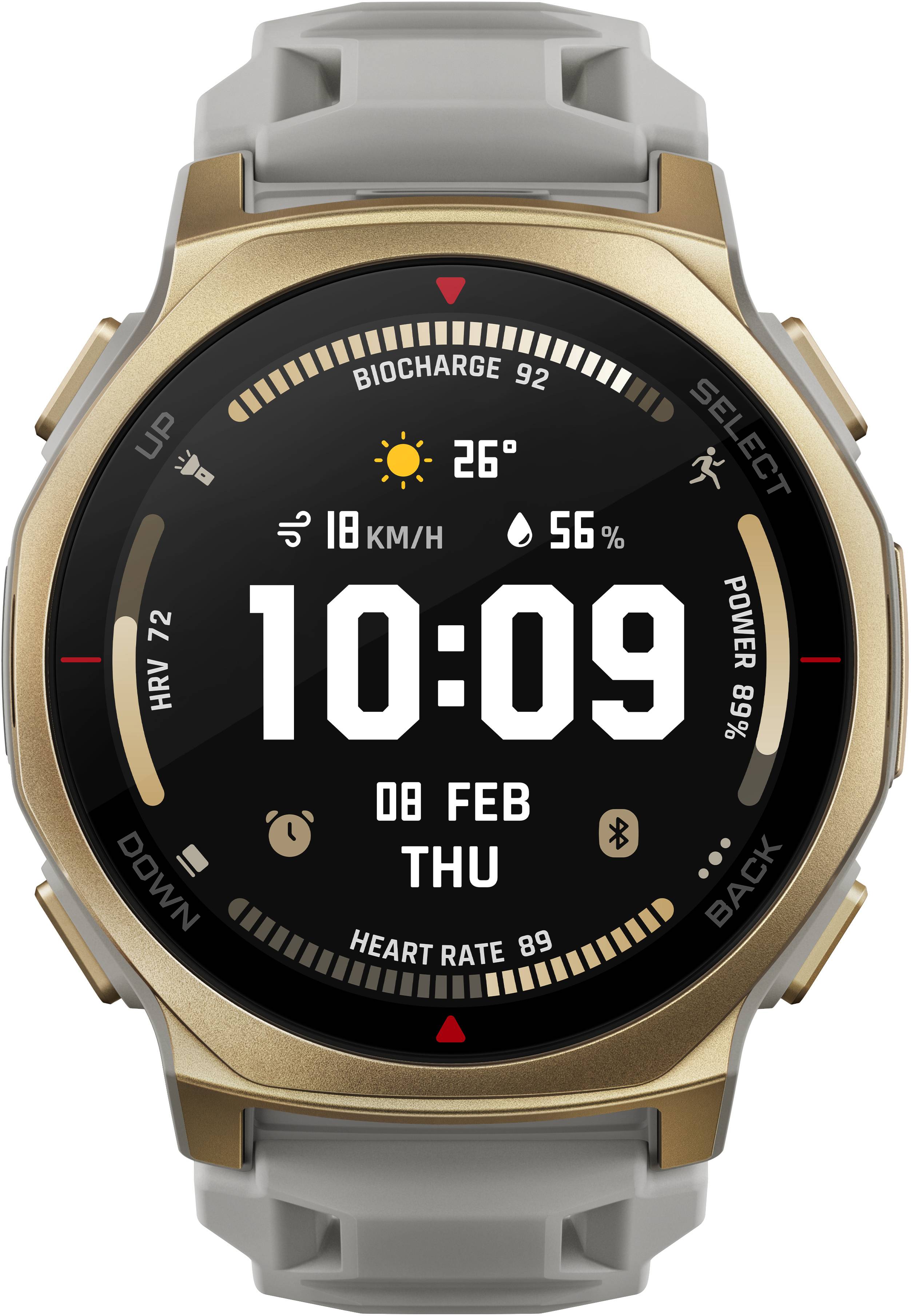 Een smartwatch-scherm toont de datum '08 FEB', tijd '10:09', temperatuur '26°C' en luchtvochtigheid '56%', met fitness-gegevens en bedieningsknoppen.