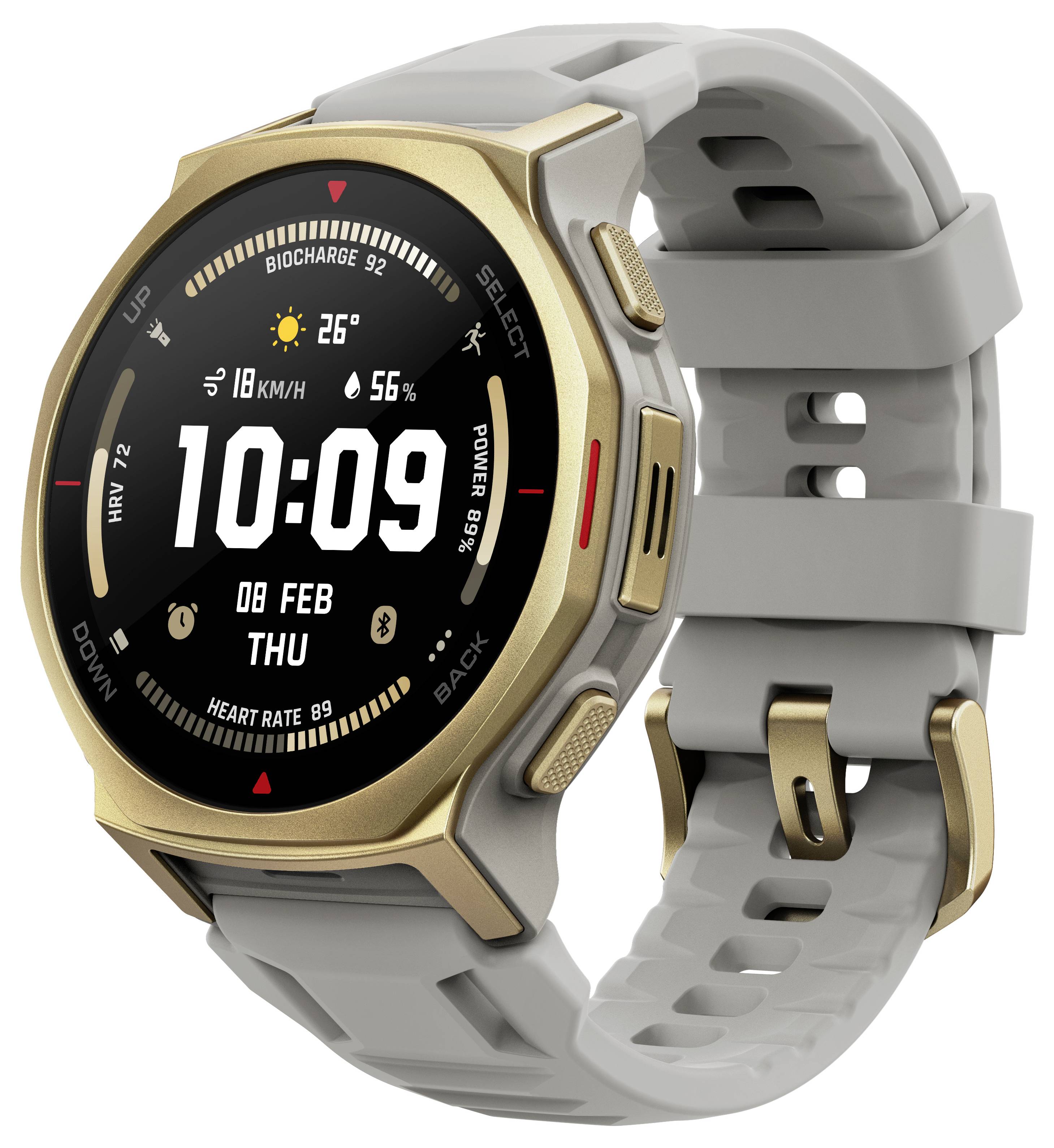 Een gouden en grijze smartwatch die de tijd '10:09' toont, datum '08 Feb Do', met fitnessgegevens zoals 'Hartslag 89' en '18 km/u'.