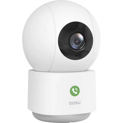 Een witte, bolvormige beveiligingscamera met een lens in het midden, gemonteerd op een cilindrische voet. De voet toont een groen telefoonpictogram en het woord 'aosu'.