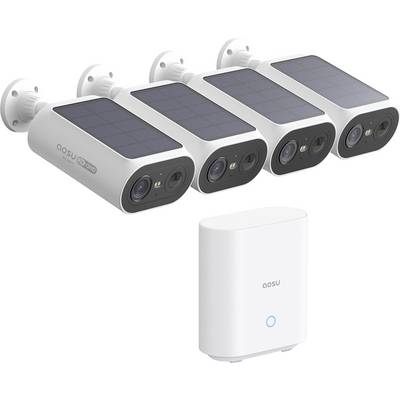 Vier zonne-energie-beveiligingscamera's en een basisstation. Elke camera beschikt over een lens, led-verlichting en zonnepanelen bovenop. Het basisstation is wit en compact.