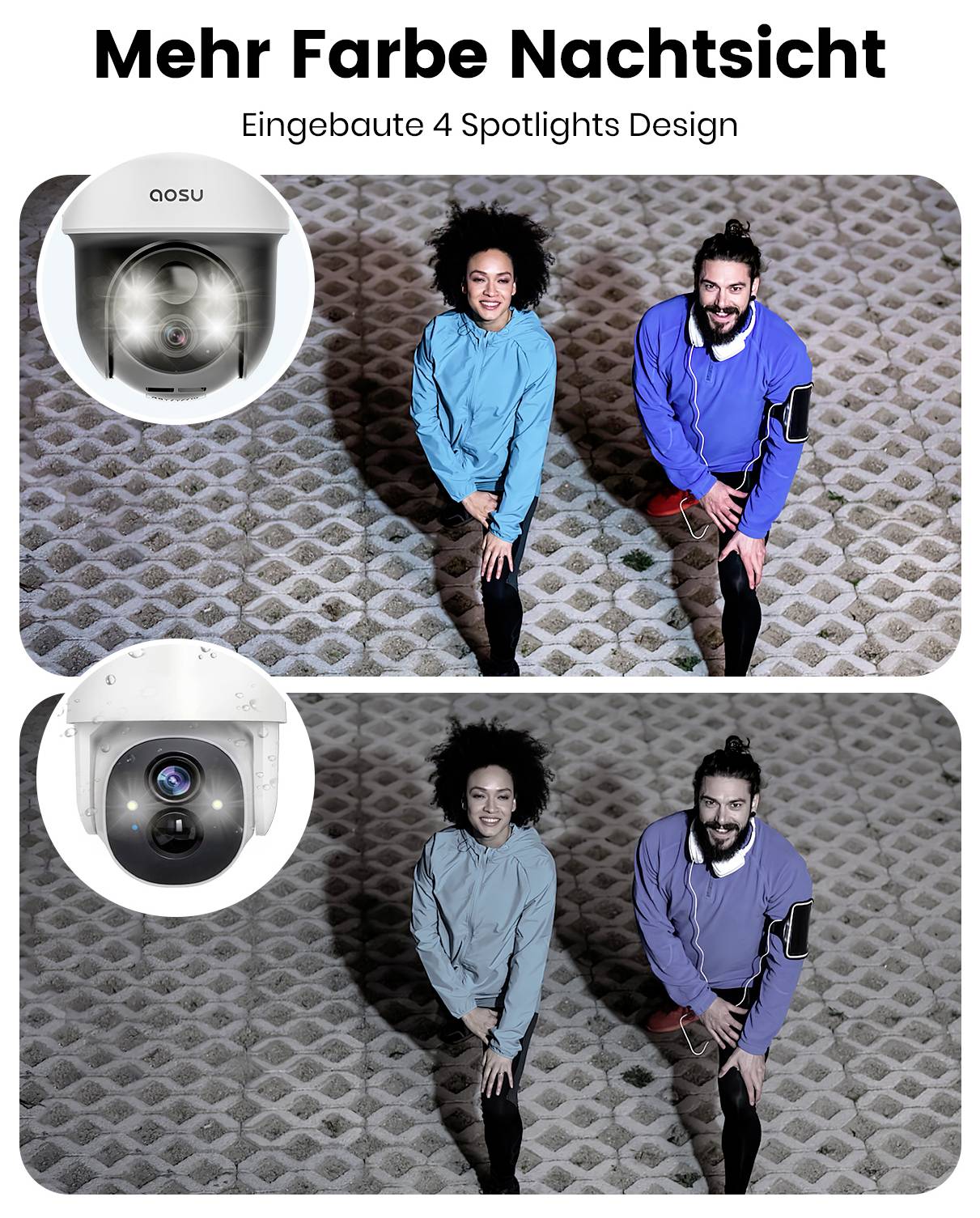 'Meer kleur nachtzicht. Ingebouwd 4 schijnwerpers design.' Twee mensen joggen 's nachts, verlicht door schijnwerpers. Beveiligingscamera's zichtbaar.