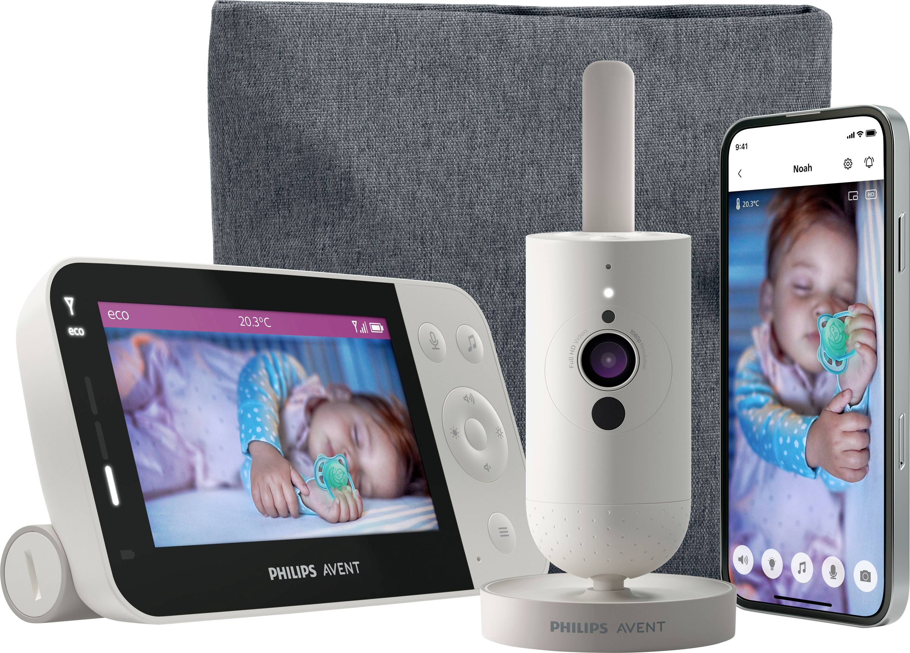 Babyfoon-systeem dat een video toont van een slapend kind met een fopspeen, weergegeven op een digitaal scherm en een smartphone.