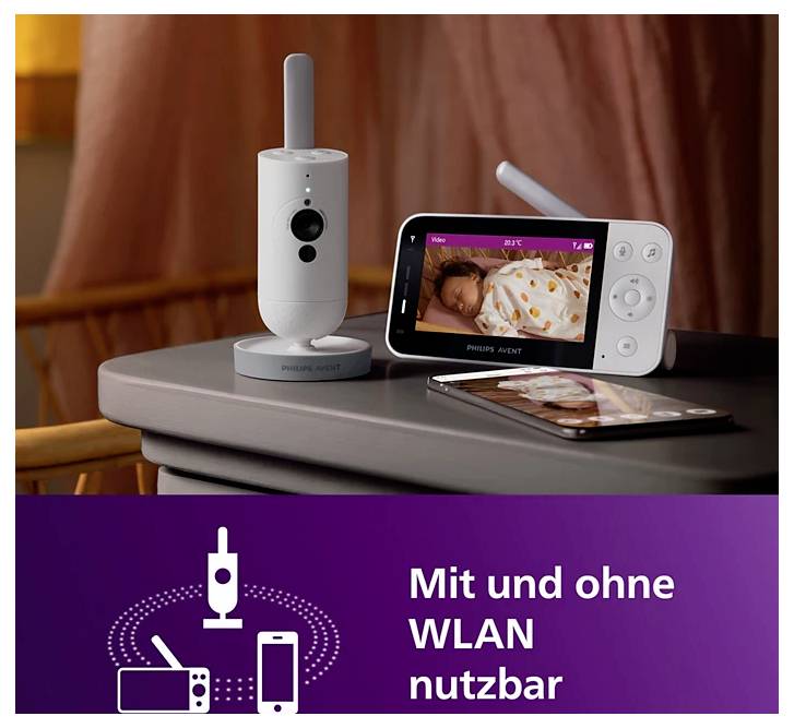 Babyfoon-set met camera en monitor; toont slapende baby, tekst 'Met en zonder WLAN bruikbaar'.