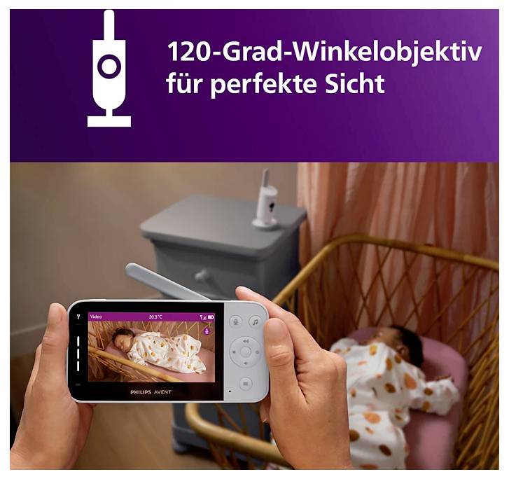 Babyfoon-monitor met liveafbeelding van een slapende baby; bovenaan tekst '120-graden groothoeklens voor perfect zicht'.