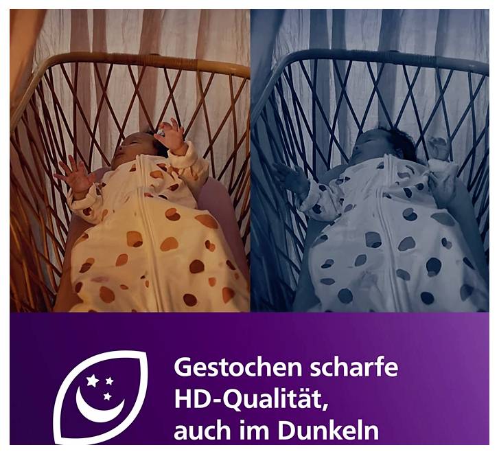 Vergelijkingsafbeelding van een slapende baby in een bedje bij daglicht en in een donkere opname; onderaan staat 'Kristalhelder HD-kwaliteit, ook in het donker'.