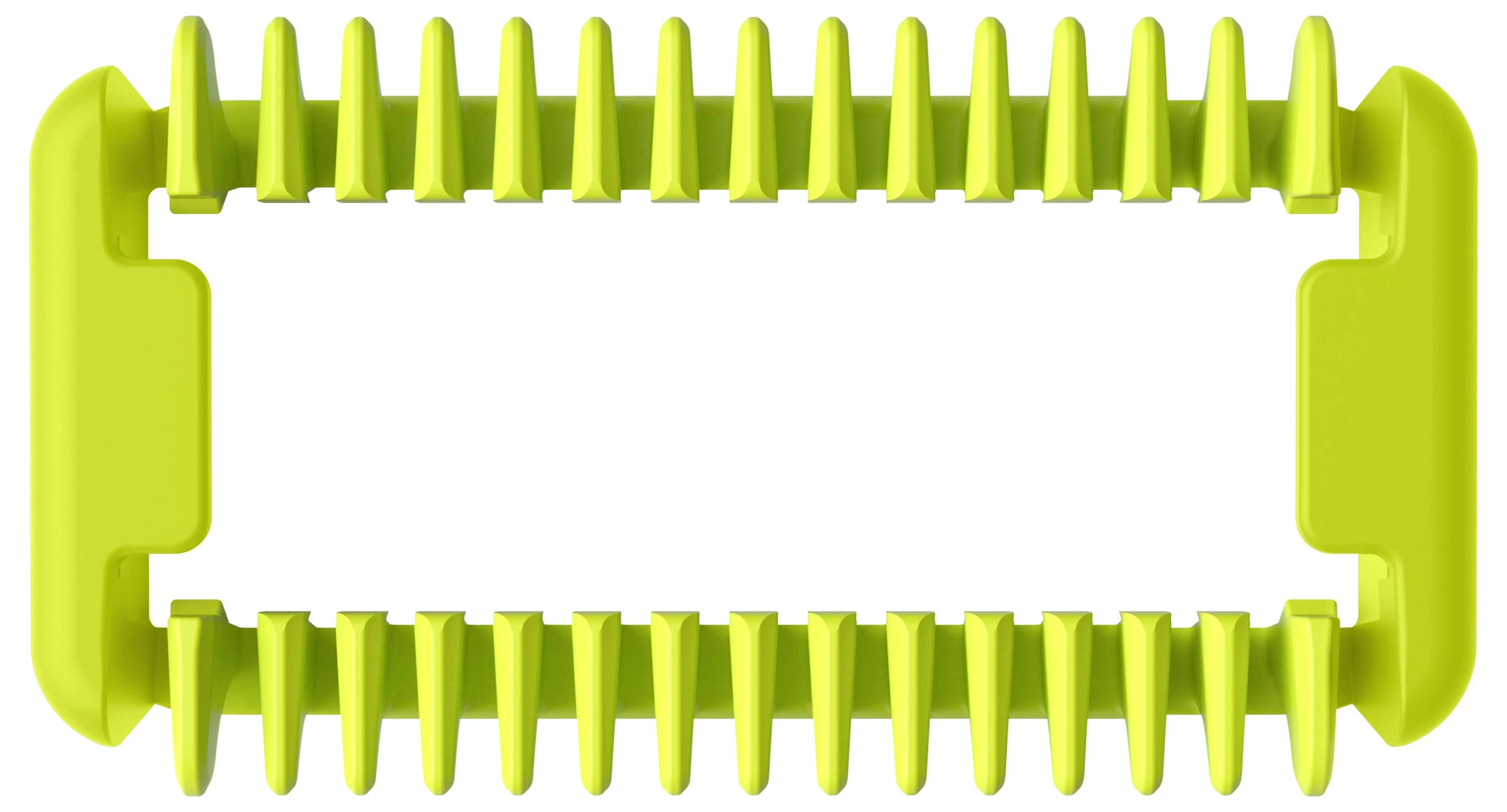 Een rechthoekige, gele beschermhoes voor zaagbladen met tanden aan beide lengterijden, gebruikt om zaagbladen te beschermen wanneer deze niet in gebruik zijn.