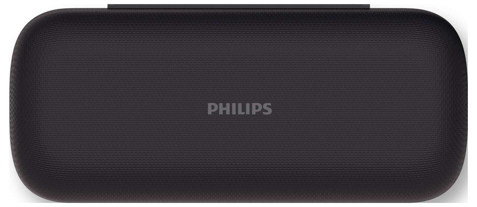 Een zwarte Philips draagbare Bluetooth-speaker met een minimalistisch design, geschikt voor draadloze audioweergave.