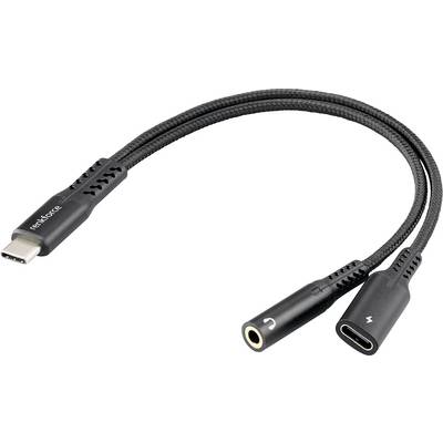 Een zwarte Y-splitter-kabel met een USB-C-connector splitst zich in een 3,5 mm audiojack en een ander USB-C-poort, gelabeld met symbolen.