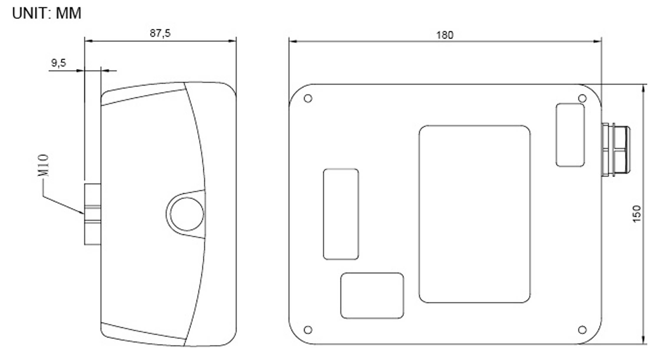 'Technisch diagram van een rechthoekige elektronische apparaatbehuizing. Afmetingen zijn 180mm x 150mm x 87,5mm met eenheid in millimeters.'