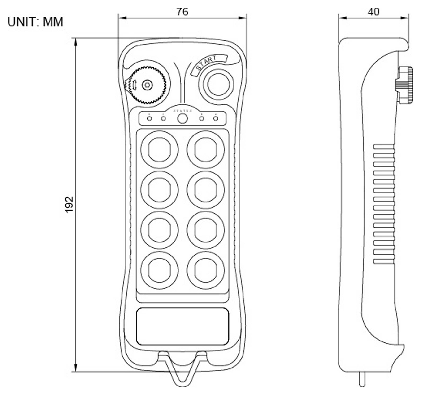 Een technische tekening van een handheld afstandsbediening. De vooraanzicht toont knoppen en draaistelsels; zijde aanzicht geeft de dikte weer. Afmetingen: 192x76x40 mm.