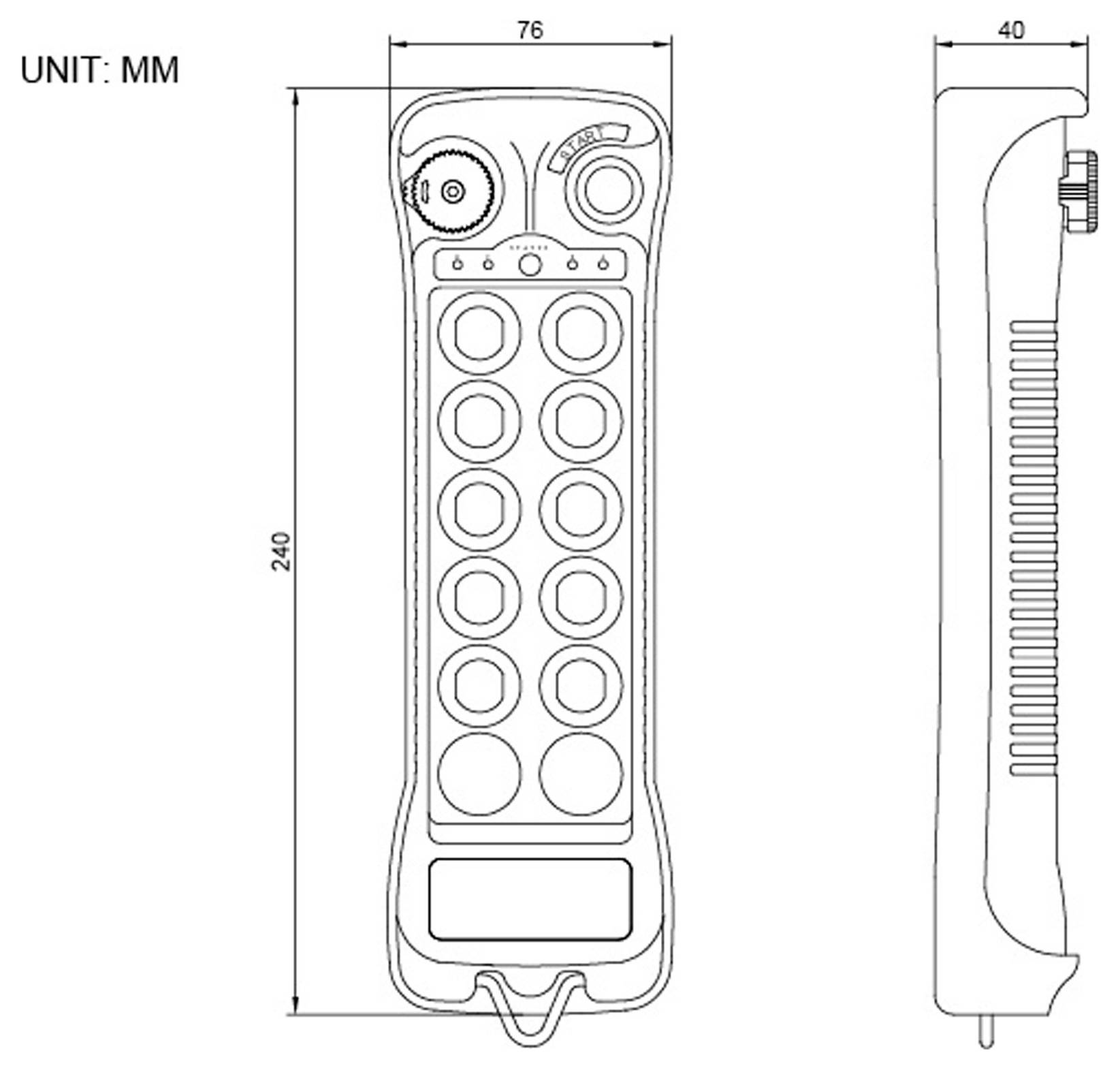 'Technisch ontwerp van een afstandsbediening met 12 circulaire knoppen, maatgegevens: 240mm x 76mm x 40mm. Zijzicht en vooraanzicht weergegeven.'