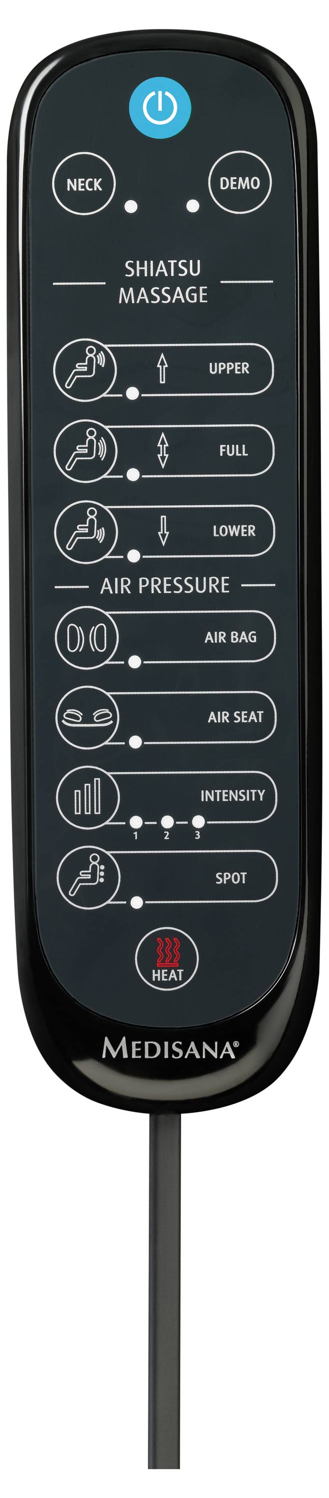 Afstandsbediening voor een massagestoel met knoppen voorzien van labels voor nek, bovenlichaam, volledig, onderlichaam massage, luchtdruk, luchtzitting, luchtrug, intensiteit en puntinstelling.