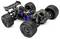 Een RC-auto-chassis met vierwielaandrijving, waarbij de ophanging, grote terreinbanden en interne componenten zoals motor en schokdempers worden gedemonstreerd.