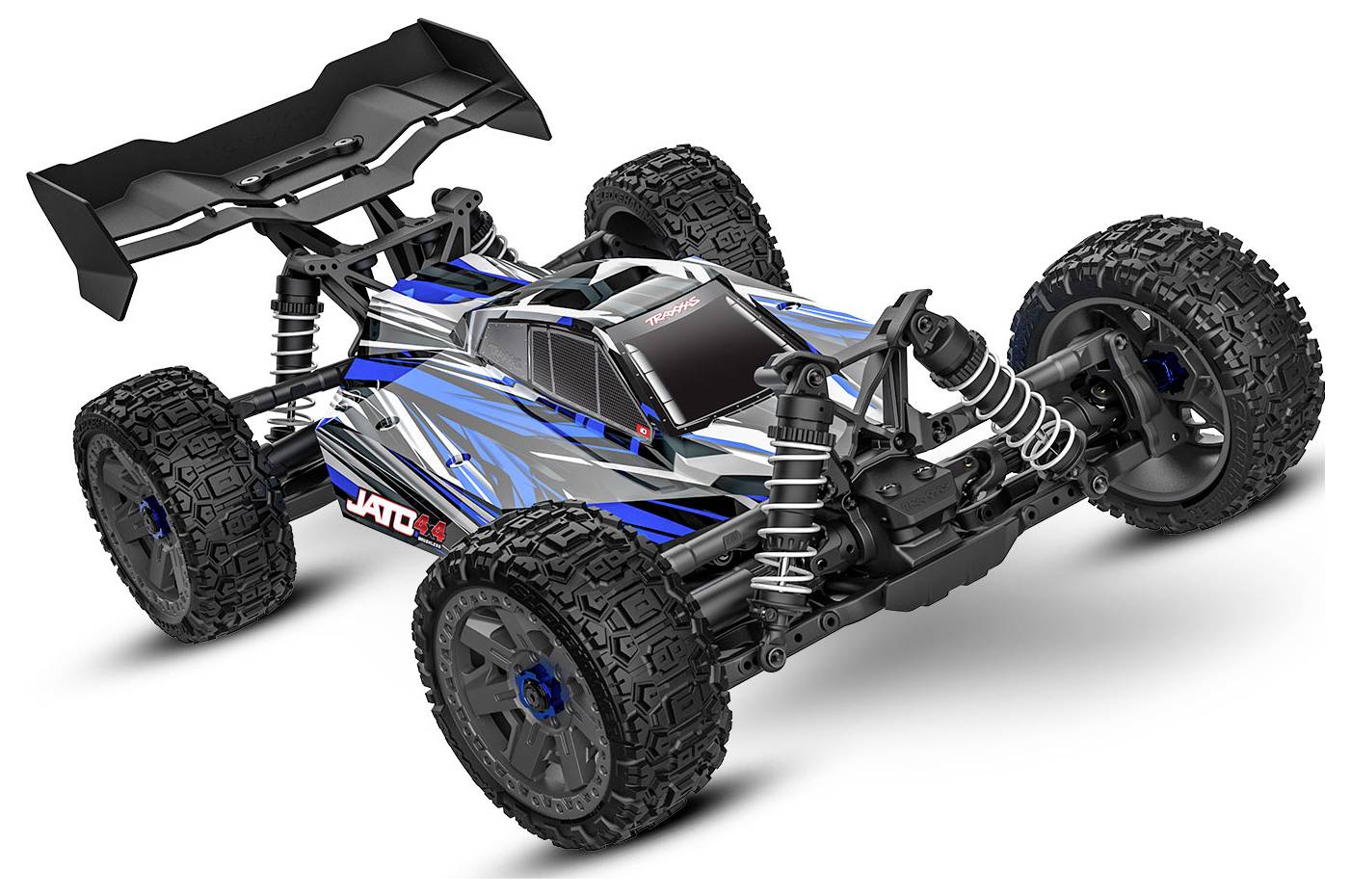 Een blauwe en zwarte afstandbestuurbare auto met grote terreinbanden en gedetailleerde vering, ontworpen voor high-speed races.