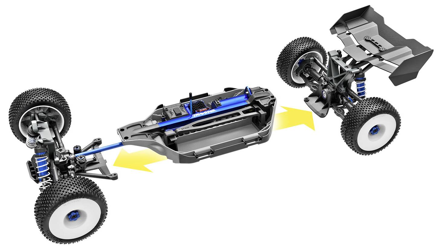 'Uitgevouwen weergave van een RC-auto chassis waarop onderdelen zoals wielen, ophanging en aandrijfas te zien zijn. Pijlen geven de assemblagerichting aan.'