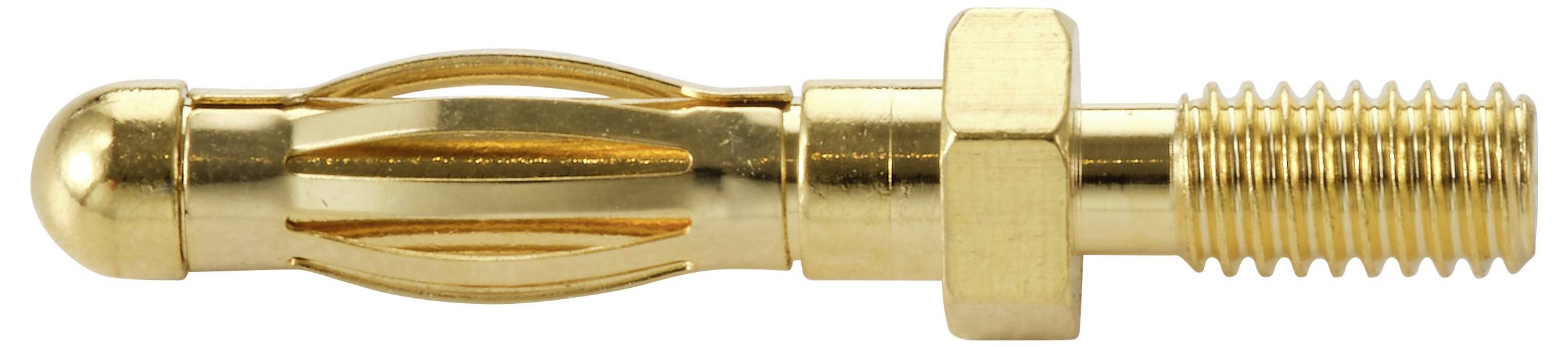 Een vergulde cilindrische bananenstekker met een gegleufde behuizing en schroefdraadeinde, gebruikt voor het aansluiten van audio-apparatuur.