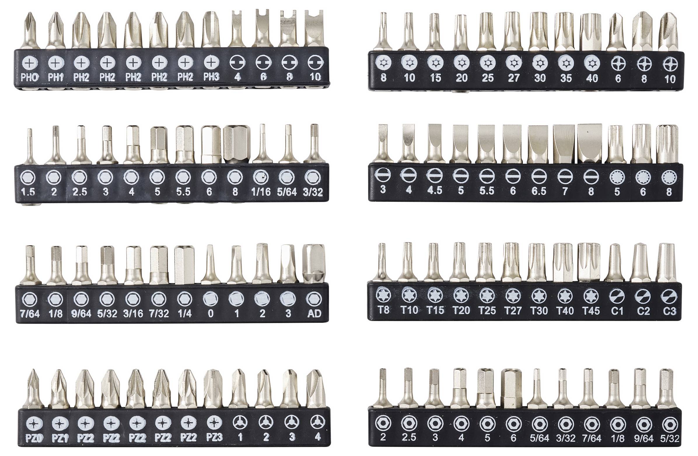 Set van precieze schroevendraaierbits gerangschikt in zes gelabelde houderstrips, inclusief Phillips, sleuf, zeskant, Torx en beveiligingsbits met groottemarkeringen.
