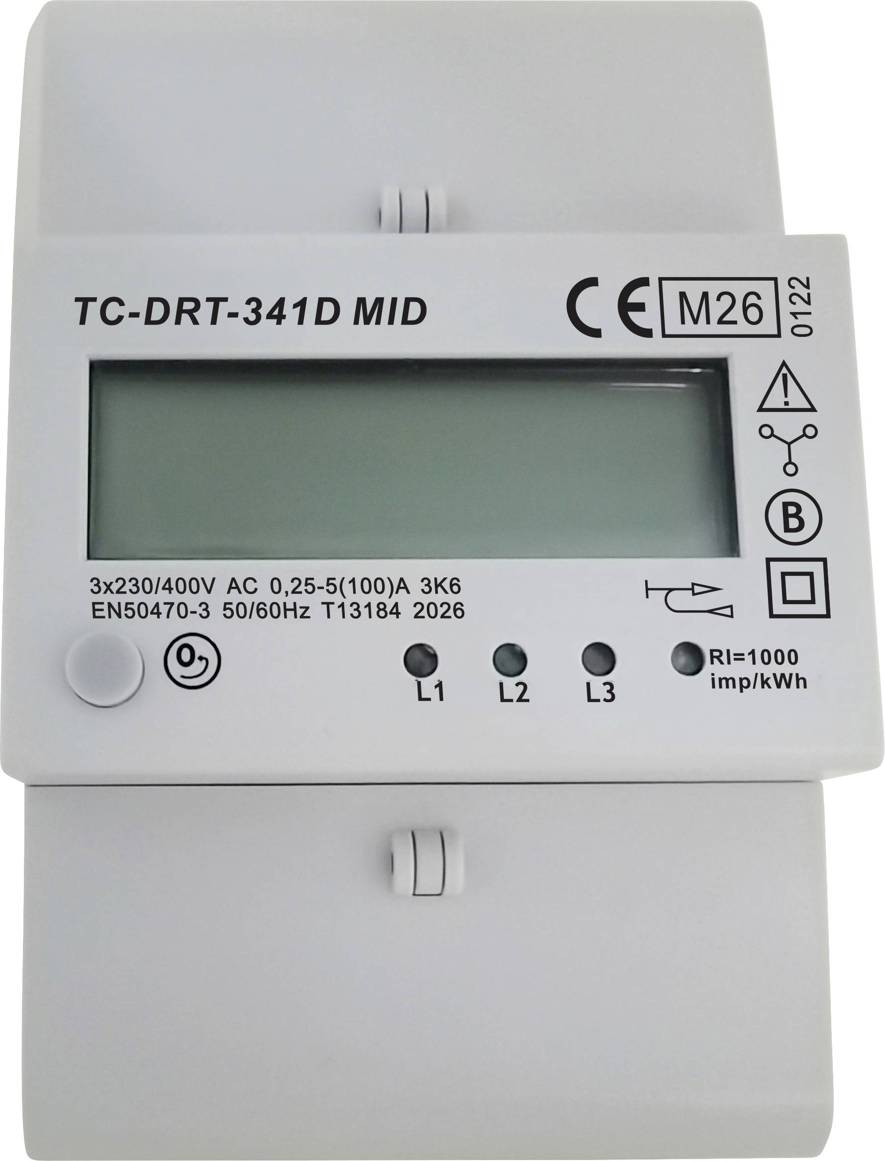 Digitale elektriciteitsmeter met leeg LCD-scherm, gelabeld 'TC-DRT-341D MID,' met CE-markering en indicatorlampen L1, L2 en L3.