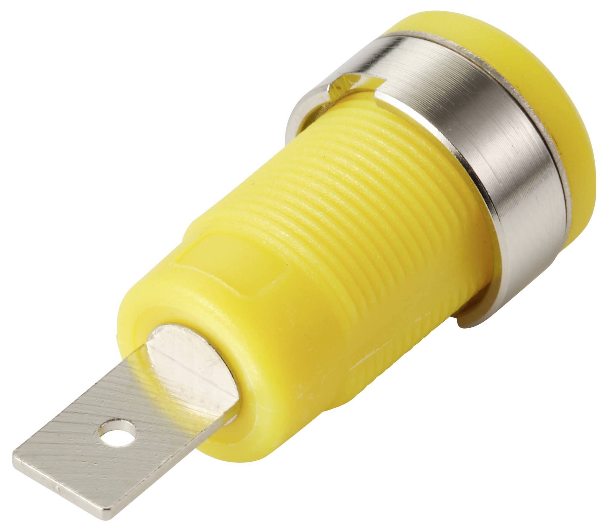 Een gele bananastekker met een metalen flens, gebruikt voor veilige elektronische verbindingen, geïsoleerd op een witte achtergrond.