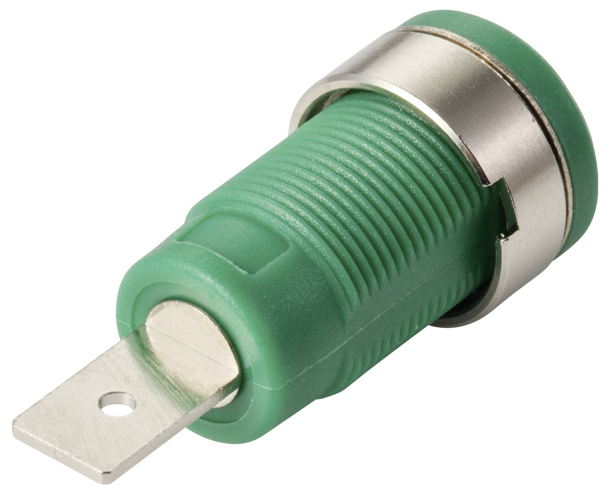Een groen paneel-montage-zekeringhouder met metalen connectors en een geribbelde grip, ontworpen voor eenvoudige integratie in elektrische apparaten.