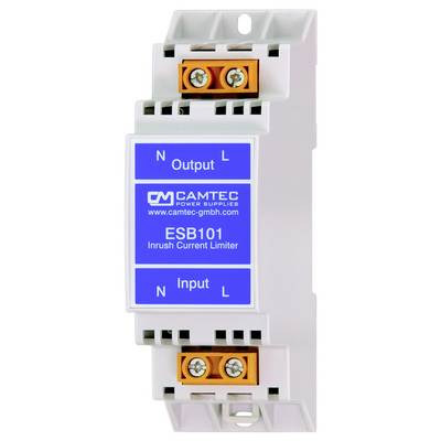 Inschakelstroombeperker, gelabeld als 'Camtec Power Supplies ESB101', met ingangs- en uitgangsklemmen, gebruikt voor het beheren van elektrische stromen.