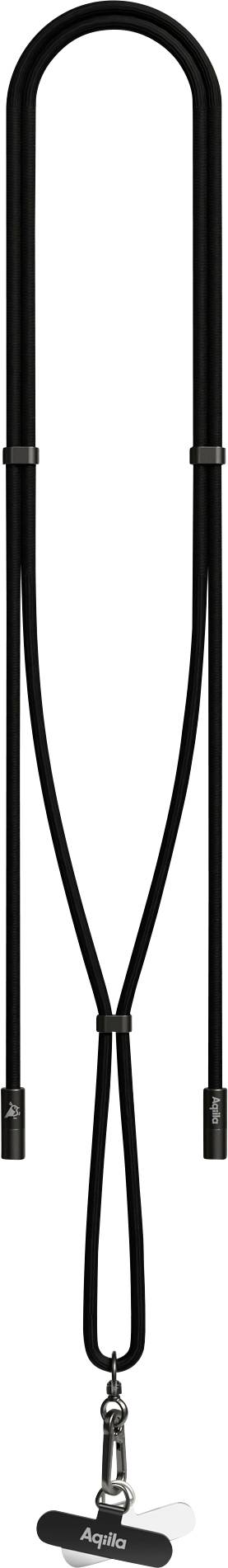 Een zwarte keycord met een afneembare clip voor het vasthouden van badges of sleutels, met een identiteitskaarthouder aan de onderkant.