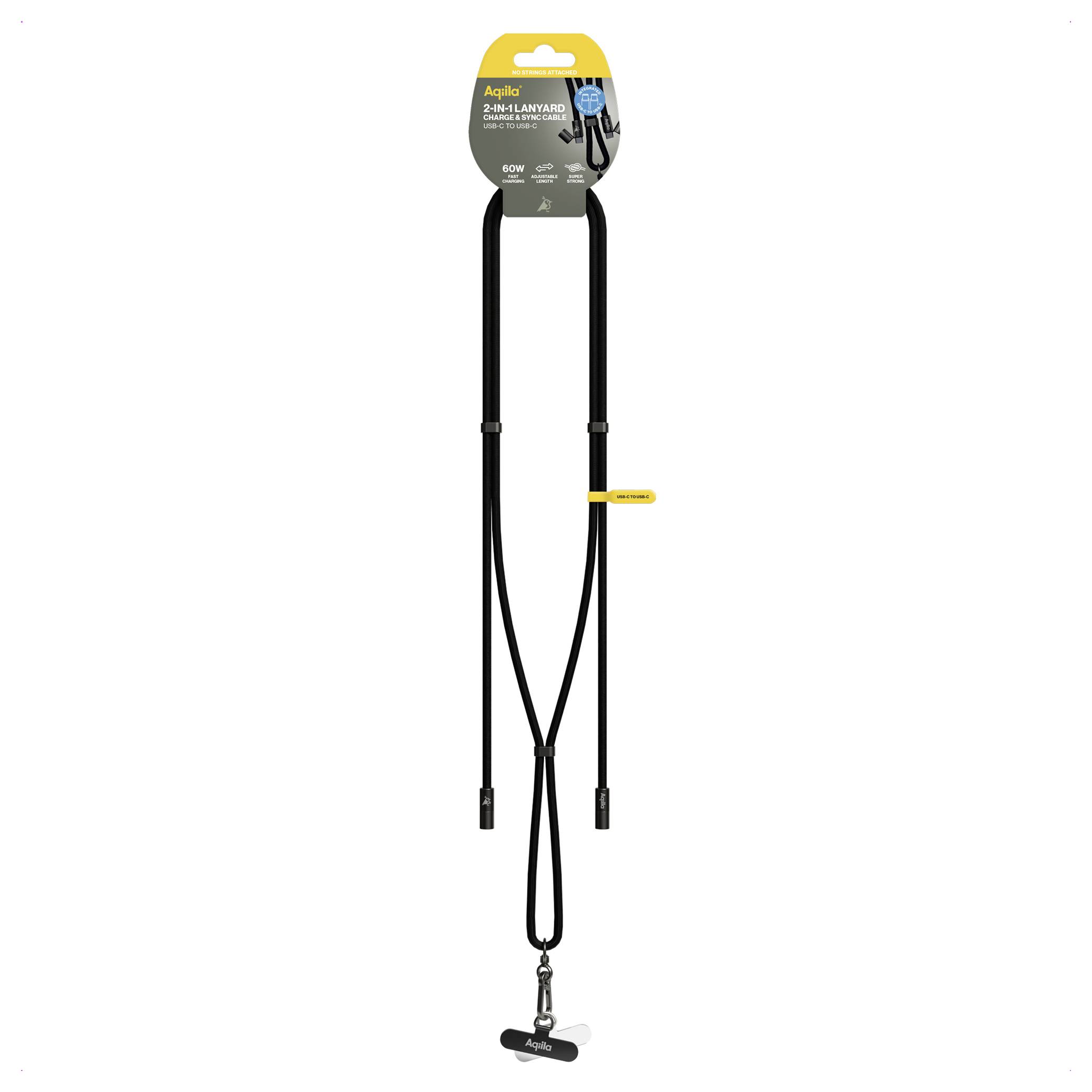 Zwarte lanyard met afneembare karabijnhaak, bedoeld voor het dragen van legitimatiebewijzen of sleutels. Verpakking toont product- en merkinformatie.