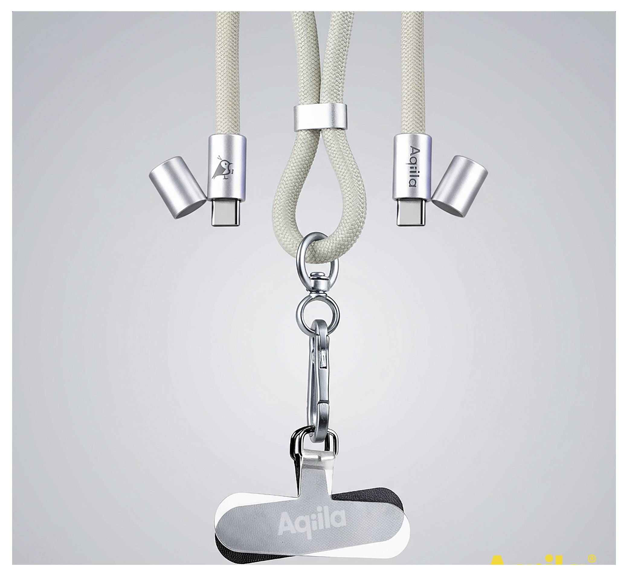 Een zilveren karabijnhaak bevestigd aan een beige gevlochten kabel met meerdere verwisselbare connectors gelabeld als 'Aqiila'.