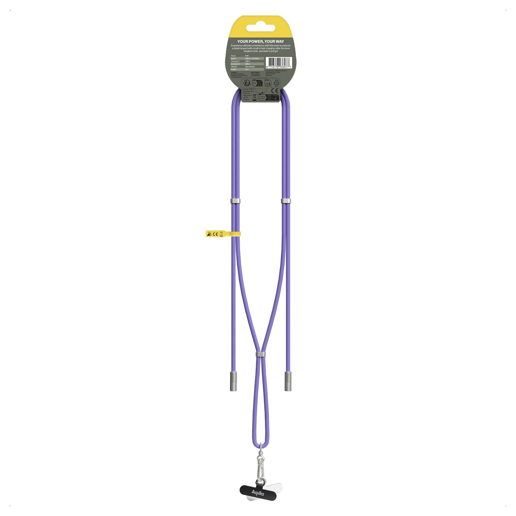 Een paarse flexibele fietsketting met een sleutelsluitmechanisme, verticaal weergegeven, ontworpen voor fietsveiligheid. Verpakking bevat productdetails.