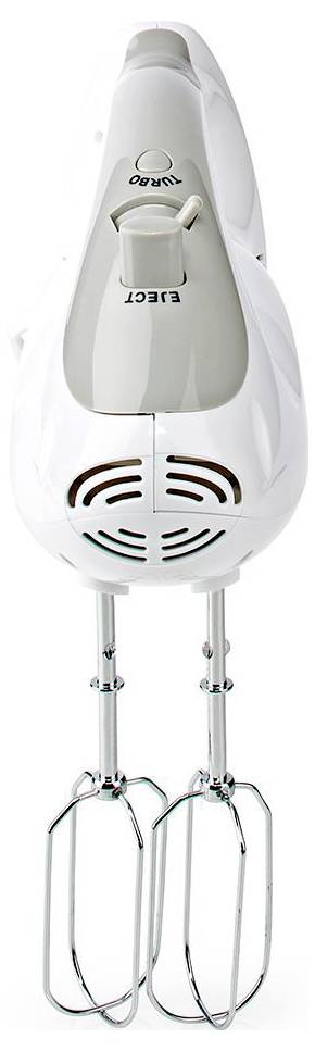 Een witte, draagbare elektrische mixer met twee metalen garden en een 'uitwerp'-knop bovenop.