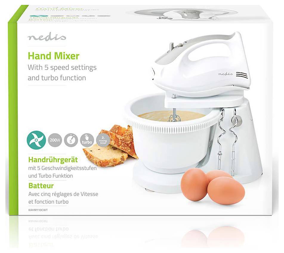 'Nedis Handmixer: 5 snelheidsinstellingen en turbofunctie' met afbeelding van een mixer, mengkom, plakjes cake en eieren.