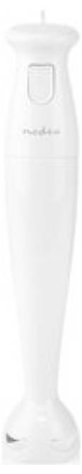 Een witte staafmixer met een strak design en een knop op het handvat.